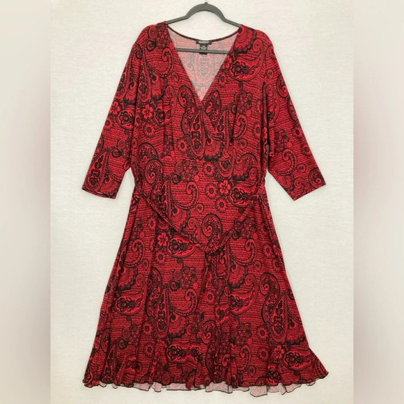 Glamour Red Black Paisley Print Belted Soft Stretch Surplice Dress size 22W - Picture 1 of 11